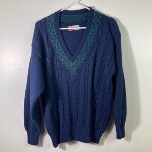 Womens Vintage Checkpoint V Neck Navy‎ Green Preppy Tennis Cable Sweater L